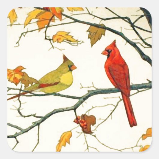  Japanse tekening, Kardinalen op een tak Vierkante Sticker (Voorkant)
