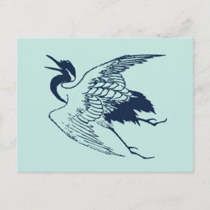  Japanse tekening van een kraan, blauw Briefkaart