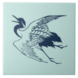 Japanse tekening van een kraan, blauw Tegeltje