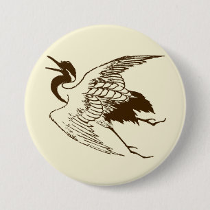 Japanse tekening van een kraan, bruin Ronde Button 7,6 Cm