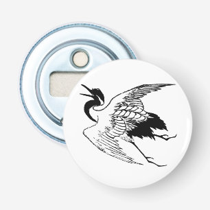  Japanse tekening van een kraan, zwart-wit Button Flesopener