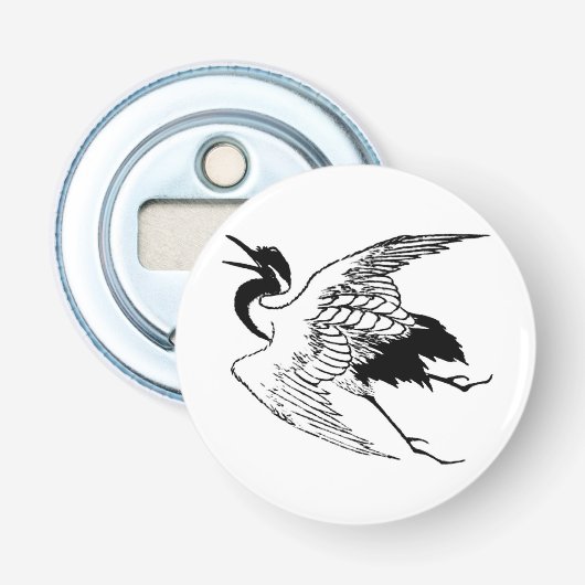  Japanse tekening van een kraan, zwart-wit Button Flesopener (Voorkant)