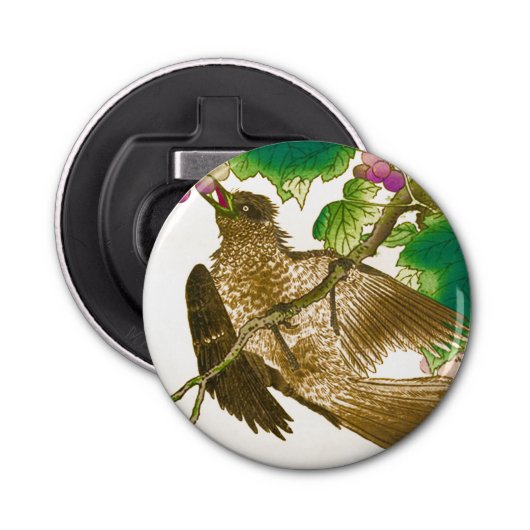 Japanse tekening van Jay op een wijnstok Button Flesopener (Voorkant)