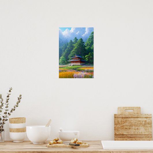 Japanse tempel aan de rand van het bos poster (Keuken)