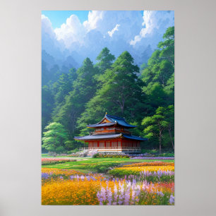 Japanse tempel aan de rand van het bos poster