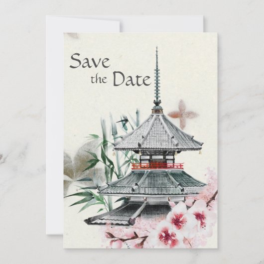 Japanse tempel, Bamboe, Cherry Blossom Wedding Save The Date (Voorkant)