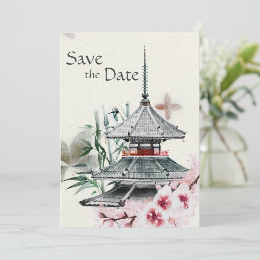 Japanse tempel, Bamboe, Cherry Blossom Wedding Save The Date (Staand voorkant)