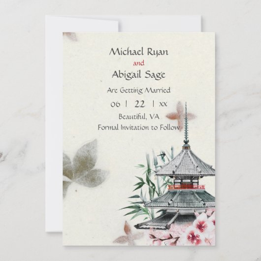 Japanse tempel, Bamboe, Cherry Blossom Wedding Save The Date (Achterkant)