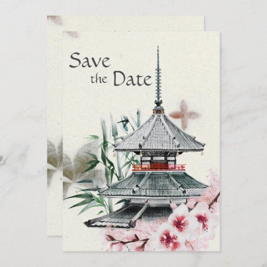 Japanse tempel, Bamboe, Cherry Blossom Wedding Save The Date (Voorkant / Achterkant)
