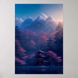 Japanse tempel bij het meer poster