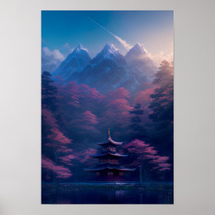 Japanse tempel bij het meer poster