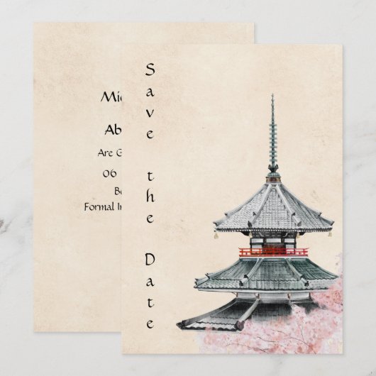 Japanse Tempel en Cherry Blossom Wedding Save The Date (Voorkant / Achterkant)