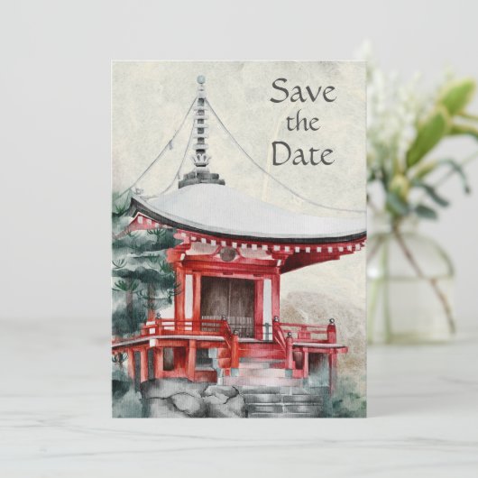 Japanse tempel en een mooie bruiloft in Bamboe Save The Date (Staand voorkant)