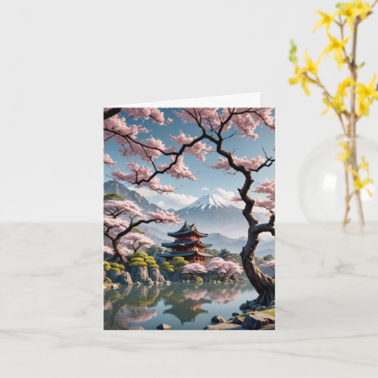 Japanse tempel en kersenbloesem kaart (Gele Bloem)