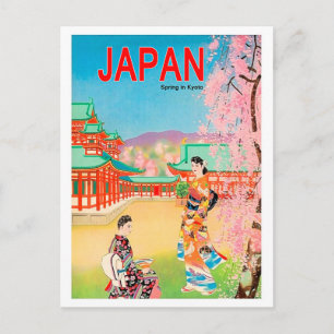 Japanse tempel in de lente, geisha meisjes op wand briefkaart