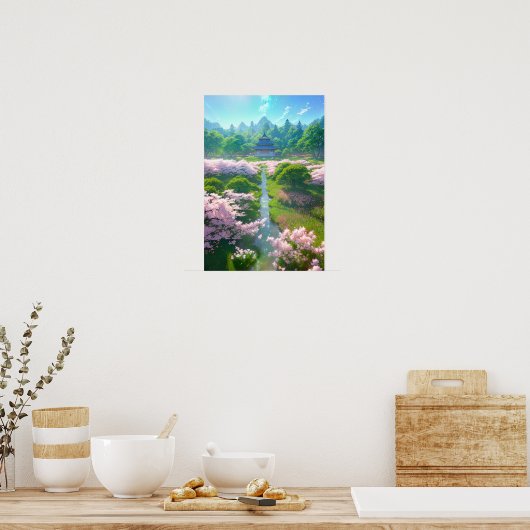 Japanse tempel in een Sakura-veld Poster (Keuken)