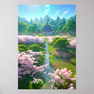 Japanse tempel in een Sakura-veld Poster