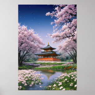 Japanse tempel in een tuin poster