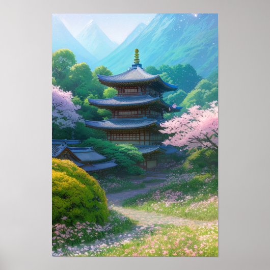 Japanse tempelamper mooi landschap poster (Voorkant)