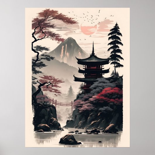 Japanse tempellandschap poster – Zen berg (Voorkant)