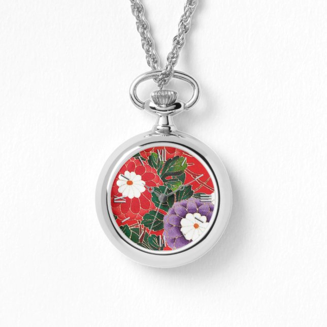  Japanse textielproducten - Red Dahlias Horloge (Voorkant)