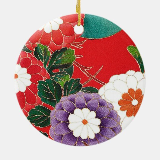  Japanse textielproducten - Red Dahlias Keramisch Ornament (Achterkant)