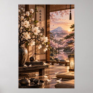 Japanse Theekamer Mount Fuji Zonsondergang Muurkun Poster