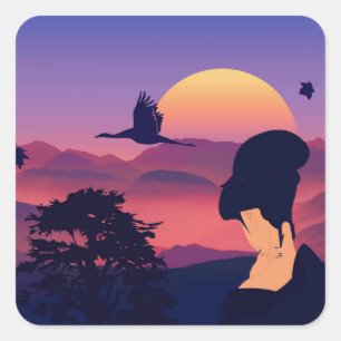 Japanse thema Geisha-boom en stijgende zon Vierkante Sticker