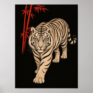 Japanse Tijger en Rode Bamboe Kunstprint   Ukiyo-e Poster
