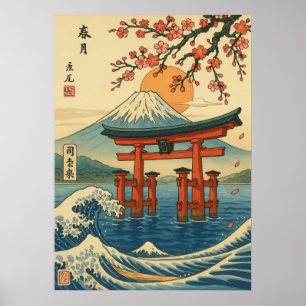 Japanse Torii-poort en de berg Fuji met golven Poster