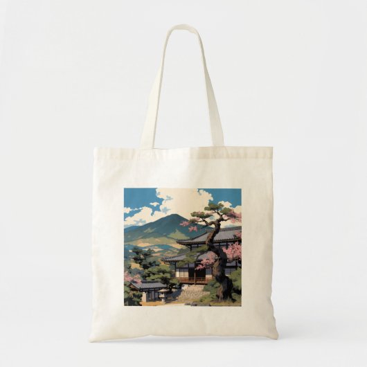 Japanse Tote Bag – Traditioneel Landschap & Tempel (Voorkant)