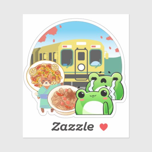 Japanse Treinreis met Kat en Kikkers Sticker (Vel)