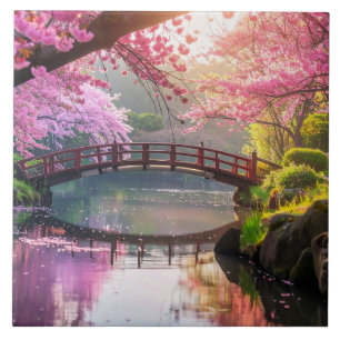 Japanse tuin, kersenbloesemseizoen. tegeltje