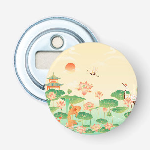 Japanse Tuin Koi Vijver en Waterlelies Kunst Button Flesopener