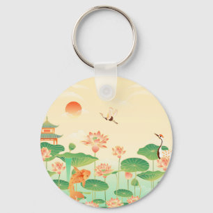 Japanse Tuin Koi Vijver en Waterlelies Kunst Sleutelhanger