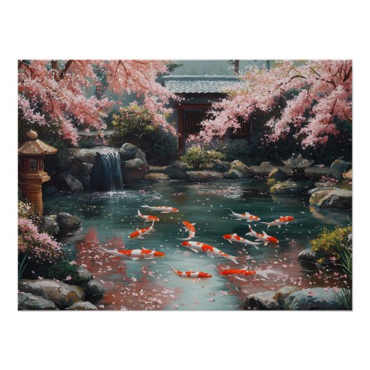 Japanse tuin met koi en kersenbloesems perfect poster (Voorkant)
