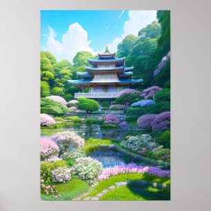 Japanse tuin met tempel poster