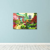 Japanse tuin Pagoda Sakura en waterval Canvas Afdruk (Insitu (Houten vloer))