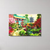 Japanse tuin Pagoda Sakura en waterval Canvas Afdruk (Voorkant)