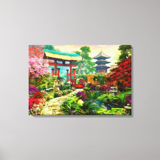 Japanse tuin Pagoda Sakura en waterval Canvas Afdruk (Voorkant)