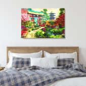 Japanse tuin Pagoda Sakura en waterval Canvas Afdruk (Insitu (Slaapkamer))