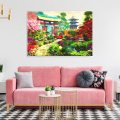Japanse tuin Pagoda Sakura en waterval Canvas Afdruk (Insitu (Woonkamer))