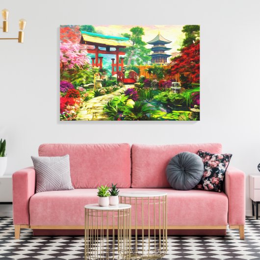 Japanse tuin Pagoda Sakura en waterval Canvas Afdruk (Insitu (Woonkamer))