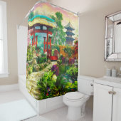 Japanse tuin Pagoda Sakura en waterval Douchegordijn (In situ)