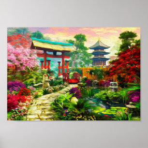Japanse tuin Pagoda Sakura en waterval Poster