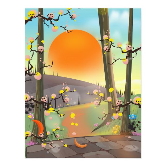 Japanse tuin tijdens zonsondergang foto afdruk (Voorkant)