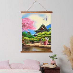 Japanse tuinarchitectuur hangend wandkleed