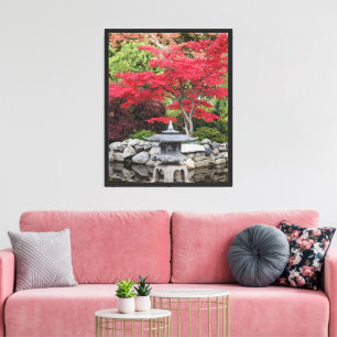 Japanse tuinlantaarn en rode mapelbladeren canvas afdruk