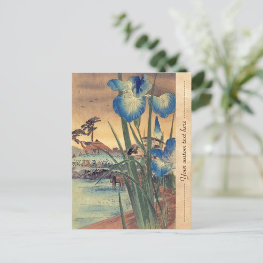 Japanse ukio-e-blauwe iris en vogelscène briefkaart (Staand voorkant)
