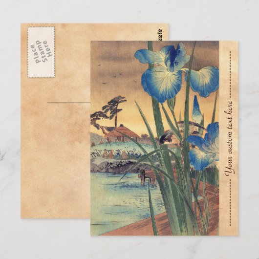 Japanse  ukio-e-blauwe iris en vogelscène briefkaart (Voorkant / Achterkant)